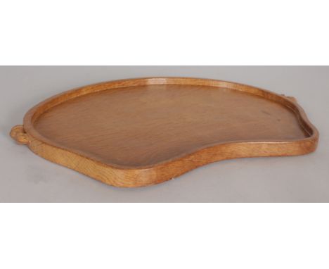 A SHAPED CARVED MOUSEMAN TRAY. 17ins wide.