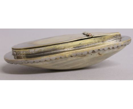 A SILVER MOUNTED SHELL SNUFF BOX with traces of gilding. 4ins.