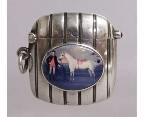 A VICTORIAN RIBBED VESTA with portrait of a man and horse, after Stubbs, stamped .925.