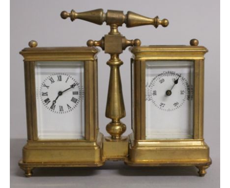 A DOUBLE MINI CARRIAGE CLOCK AND BAROMETER.