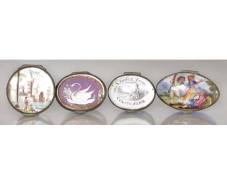 FOUR VARIOUS BILSTON & BATTERSEA ENAMEL PATCH BOXES, including a Trifle from COLCHESTER etc.