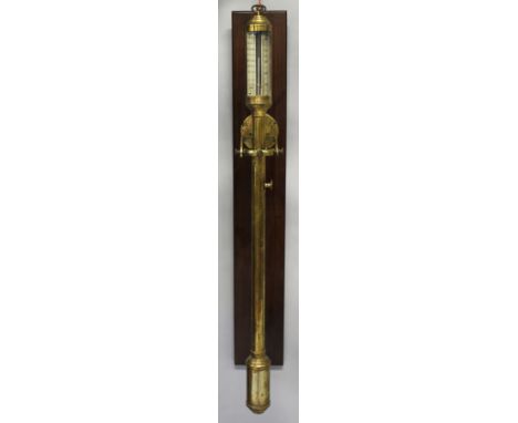 A SHIPS BRASS STICK BAROMETER by J.J. & B.L.M., LISBON, with silvered dial. 36ins long.