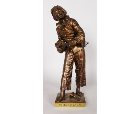 EUTROPE BOURET (1833-1906) FRENCH "AU CLAIR DE LA LUNE", a young boy playing a mandolin. Signed.  18ins high.
