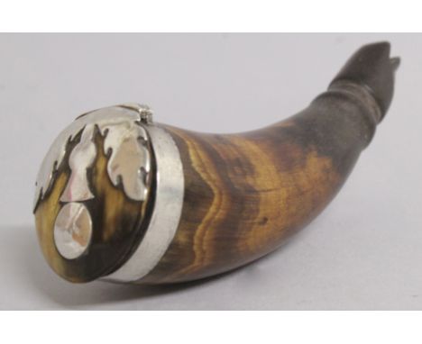 A RARE SCOTTISH HORN SILVER MOUNTED SNUFF MULL in the shape of a seal.