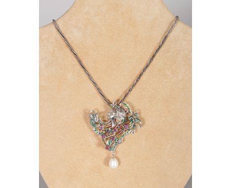 AN ART NOUVEAU STYLE SILVER, RUBY, PEARL AND PLIQUE ENAMEL NECKLACE of a lady on a chain.