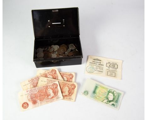 FOUR ELIZABETH II RED TEN SHILLINGNOTES (used) and a ONE POUND NOTE (fair); THREE PREMIUM BONDS totalling £22 and a selection