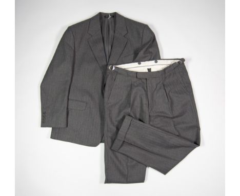 CARL STUART (of course) GENT'S TWO-PIECE LOUNGE SUIT, in grey pin striped cloth; gent's Blicker for Harrods NAVY BLUE COAT wi