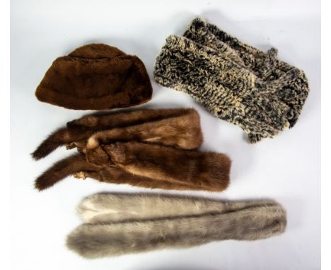 A REX BABBIT SKIN SHAWL, 4 feet 8 inches long, 5 inches wide; A GREY PASTEL MINK TIE; LONG LIGHT BROWN MINK TIE IN THE FORM O