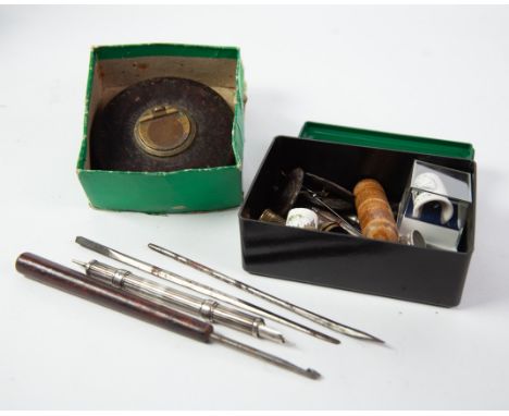 VICTORIAN MORDEN SILVER COLOURED METAL DOUBLE END DIP PEN and propelling pencil; a surveyor’s metal 66ft tape, boxed; a set o