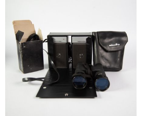 PAIR OF MINOLTA 10x40, 5.6 MARINER BINOCULARS, in soft black case, together with a ‘REALISTIC’ MINIMUS- 0.6 AMPLIFIED SPEAKER