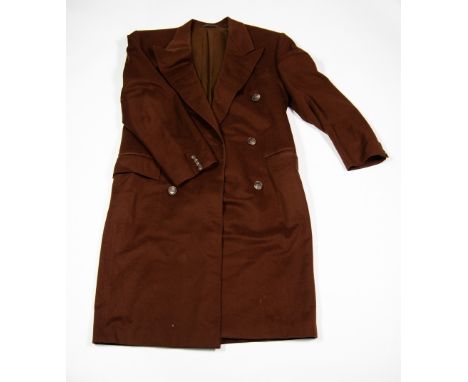 TRYFON AND EGAN, MANCHESTER, LADY'S CUSTOM-MADE SMART CHARCOAL GREY WOOL WORSTED LONG OVERCOAT, with part-suede revered colla