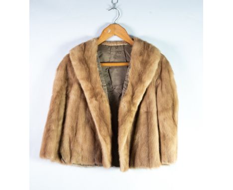 LIGHT BROWN / CREAM MINK SHORT EVENING JACKET with loose front long shawl collar 
