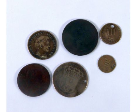 17th CENTRUY SILVER SHILLING 1677 AND SILVER THREE PENCE SILVER COIN 1686 (both drilled) and 4 other 18th and 19th century co