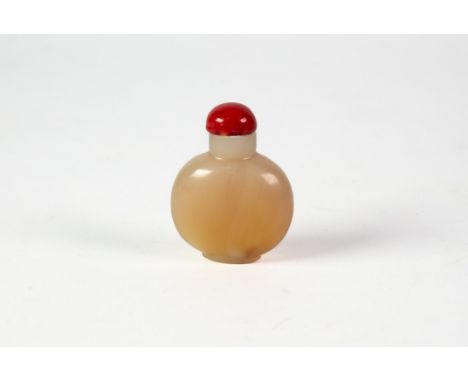 CHINESE SNUFF BOTTLE: twentieth century Qing or later Chinese hardstone snuff bottle of moon-flask form, carved from pale cel