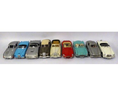 NINE UNBOXED BURAGO, SOLIDO AND POLISTIL LARGER SCALE DIE CAST MODELS OF VINTAGE SPORTS AND SALOON CARS, 1:16 and similar sca