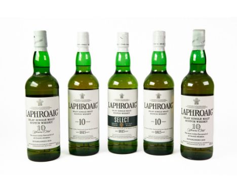 FOUR BOTTLES OF LAPHROAIG ‘AGED 10 YEARS’ ISLAY, SINGLE MALT SCOTCH WHISKY, together with a BOTTLE OF LAPHROAIG ‘SELECT’ SING