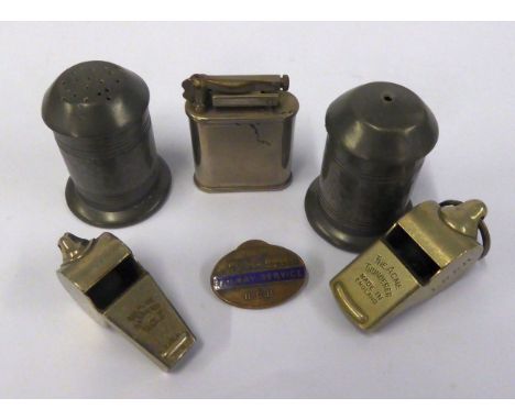 AN ACME THUNDERER LNER RAILWAYMAN'S WHISTLE, AN UNMARKED EXAMPLE, A RAILWAY SERVICE LAPEL BADGE, A BENEY POPULAR CIGARETTE LI