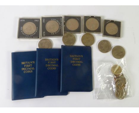 SIX ELIZABETH II 1965 CHURCHILL CROWNS (2 in cases); one 1977 CROWN; three Elizabeth II 1953 CORONATION CROWNS, in cases; thr