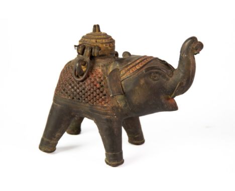 BRONZE CENSER: 19th century Indian bronze zoomorphic incense burner or censer, modelled in the form of an elephant with raise