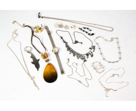 SILVER FINE CHAIN NECKLACE with filigree front; a pair of indistinctly marked SPIRAL LOOP EARRINGS and sundry COSTUME JEWELLE