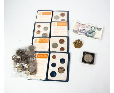 FOUR PLASTIC WALLETS OF 'BRITAINS FIRST DECIMAL COINS'; a quantity of BRITISH AND FOREIGN COINS, Elizabeth II blue five pound