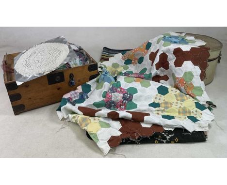 A quantity of linen and lace, together with a partly completed patch work quilt, and many other items of material, including 