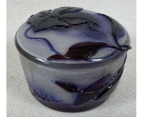 ÉMILE GALLÉ; a cameo glass circular jar and cover, decorated with leaves and floral sprays, signed, diameter 10cm, af.Conditi