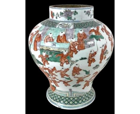 A large 19th century Chinese 'One Hundred Boys' Famille Verte baluster vase, with painted double blue ring mark to base, heig