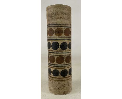 TROIKA; a grey cylindrical vase by Sylvia Vallance, with stripes separated by rows of brown spots, signed to the underside S 