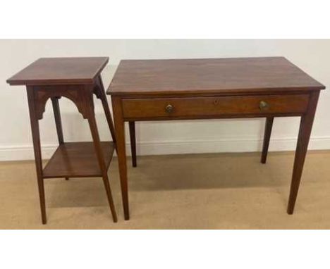 A mahogany side table with single drawer and raised on tapering supports, height 71.5cm, width 91.5cm, depth 52cm, together w