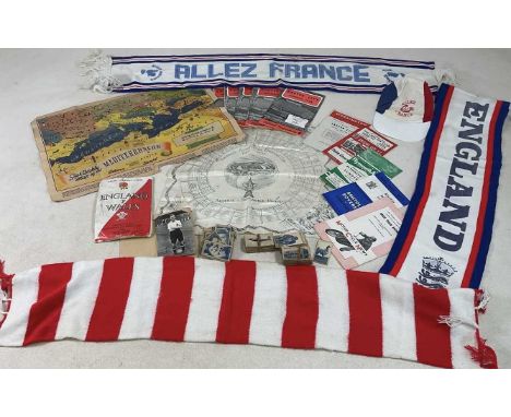 A small collection of football memorabilia, including a commemorative silk handkerchief for the FA Cup 1951-52 Arsenal v Newc
