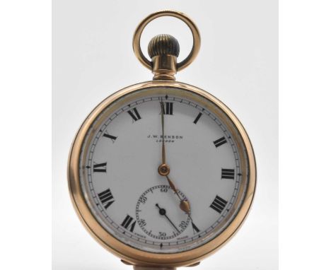 J W BENSON; a 9ct yellow gold cased crown wind open faced pocket watch, with Roman numerals and subsidiary seconds to the sig
