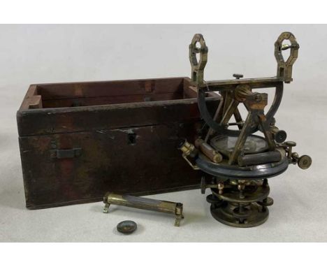 A brass theodolite in wooden case, height 32cm.Condition Report: Lid to case broken