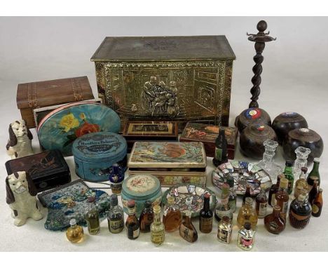 A collectors' lot, to include brass log bucket, tins, lawn bowls and a quantity of miniatures, most tins have other items con
