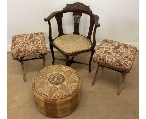 An Edwardian beech corner chair, together with a pair of 1960s caravan stools and a Morrocan leather pouffe (4).