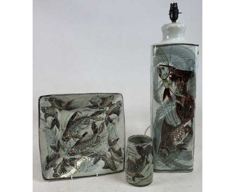 † COLIN KELLAM; a large studio pottery fish decorated table lamp, height including fitment 60cm, a large square fish decorate