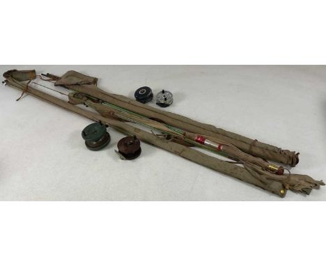 JAMES ASPINDALE &amp; SON; a three piece split cane fishing rod, 'The Severndale', in canvas bag, two further fishing rods, a