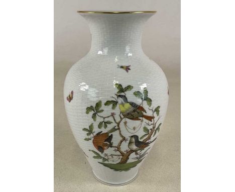 HEREND; a large baluster vase, painted with birds and butterflies amongst branches, on a basket weave effect ground, printed 