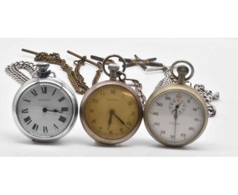 LEMANIA; a military issued nickel plated stopwatch, two silver fob chains, two base metal pocket watches and two further chai