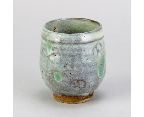 WILLIAM MARSHALL (1923-2007); a stoneware yunomi covered in nuka over tenmoku glaze with copper green spots and impressed dec