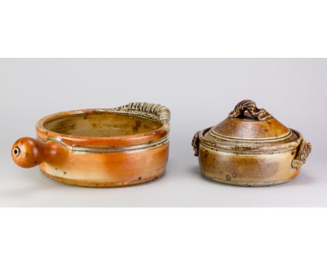 Poterie du Don; a large salt glazed pan, impressed pottery mark, diameter 37cm (including handles), and a matching casserole 