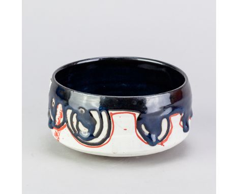 PIERRE DUTERTRE (born 1956); a stoneware chawan covered in black and white glaze with copper red decoration, incised signatur