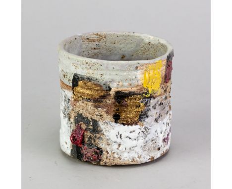 ROBIN WELCH (1936-2019); a stoneware cylindrical vessel covered in bands of glazes and enamels, impressed RW mark, height 9.5