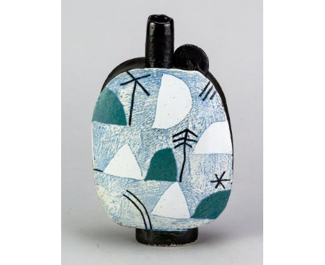 JOHN MALTBY (1936-2020); a stoneware flask form decorated with a stylised landscape, impressed M mark, height 20.5cm. (D)Addi