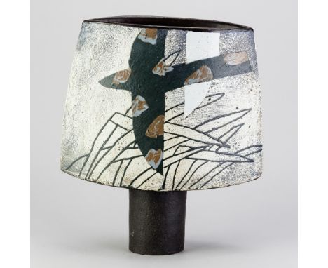 JOHN MALTBY (1936-2020); a large stoneware spade vase decorated with a stylised bird flying over reeds, painted signature, he