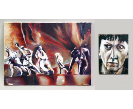 BRIGITTE BONNAIRE; an oil on canvas study of a group of figures, signed lower right, 50 x 70cm, and a small study 'Portrait N
