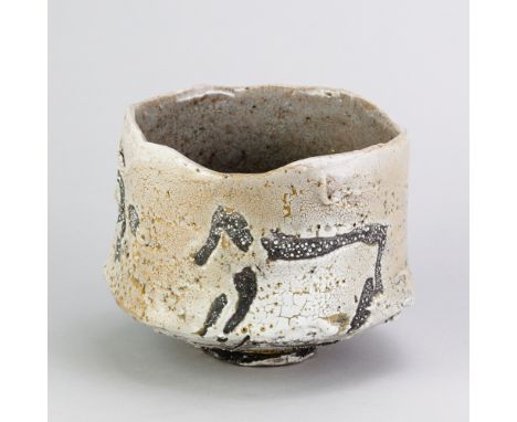 JEAN-PIERRE VIOT (born 1936); a large raku chawan covered in grey glaze with wax resist and gold lustre decoration imitating 