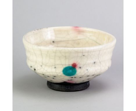HORST KERSTAN (1941-2005); a raku bowl covered in white crackle glaze with copper red and turquoise spots, impressed K mark a