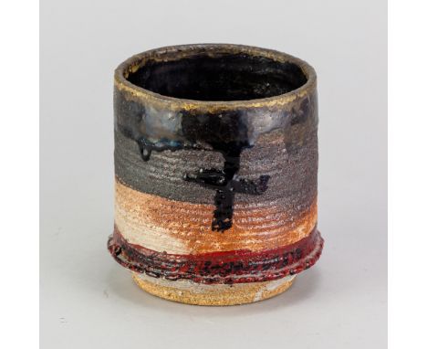 ROBIN WELCH (1936-2019); a stoneware cylindrical vessel covered in bands of glazes and enamels, impressed RW mark, height 11c