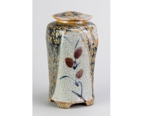 PASCAL GEOFFROY (born 1951); a tall stoneware caddy covered in shino crackle glaze with cobalt and copper red decoration, imp